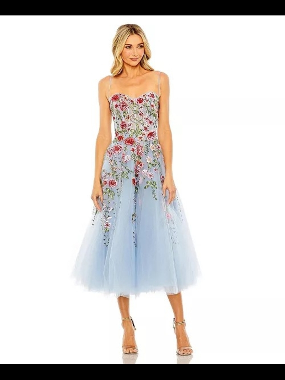 Mac Duggal Light Blue Floral Embroidered Tulle Midi Dress